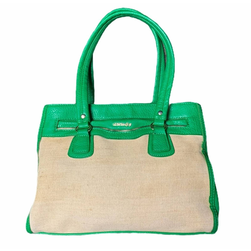 OLIVIA +JOY GREEN/CREAM HAND/SHOULDER BAG DOUBLE HANDLES TOTE ZIP CLOSURE
